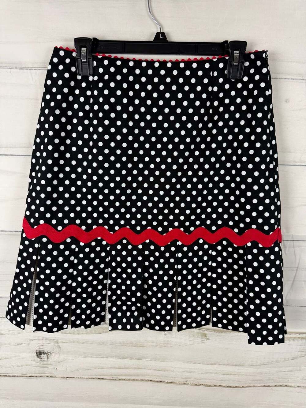 Jennifer Reale Design Black /White Polka Dot Pleated Skirt with Red Ric Rac Trim